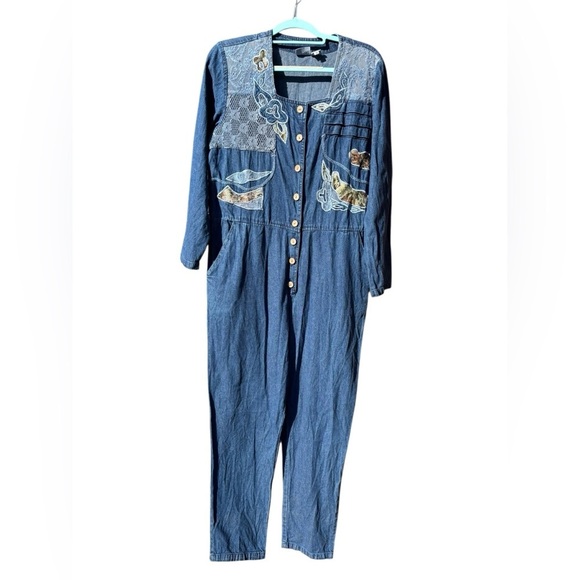 Styleworks Pants - Farmhouse Denim Jumpsuit with Stylish Floral Embroidery